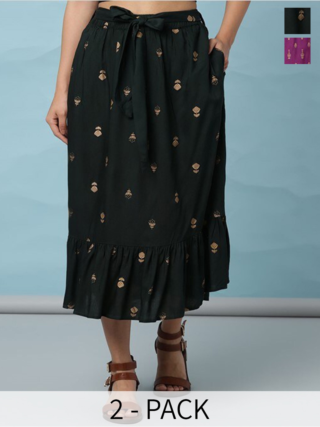 

Aila Pack Of 2 Ethnic Motifs Printed Gathered Detailed Flared Midi Skirt With Belt, Green