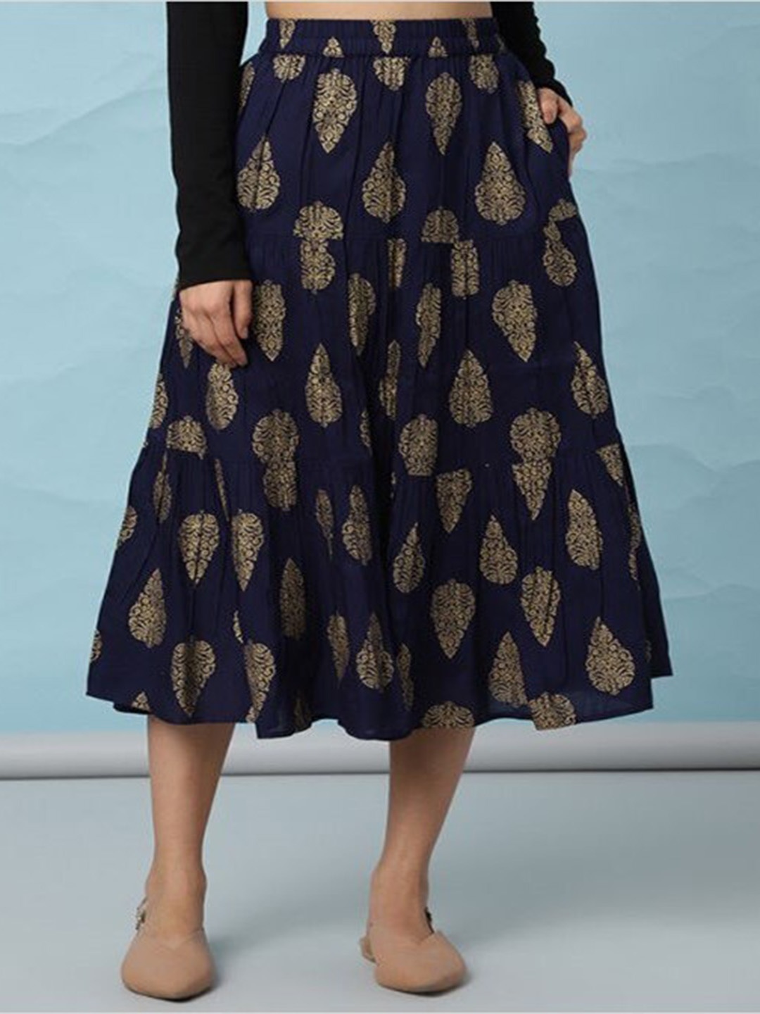 

Aila Ethnic Motifs Printed Gathered Detailed Flared Midi Skirt, Navy blue