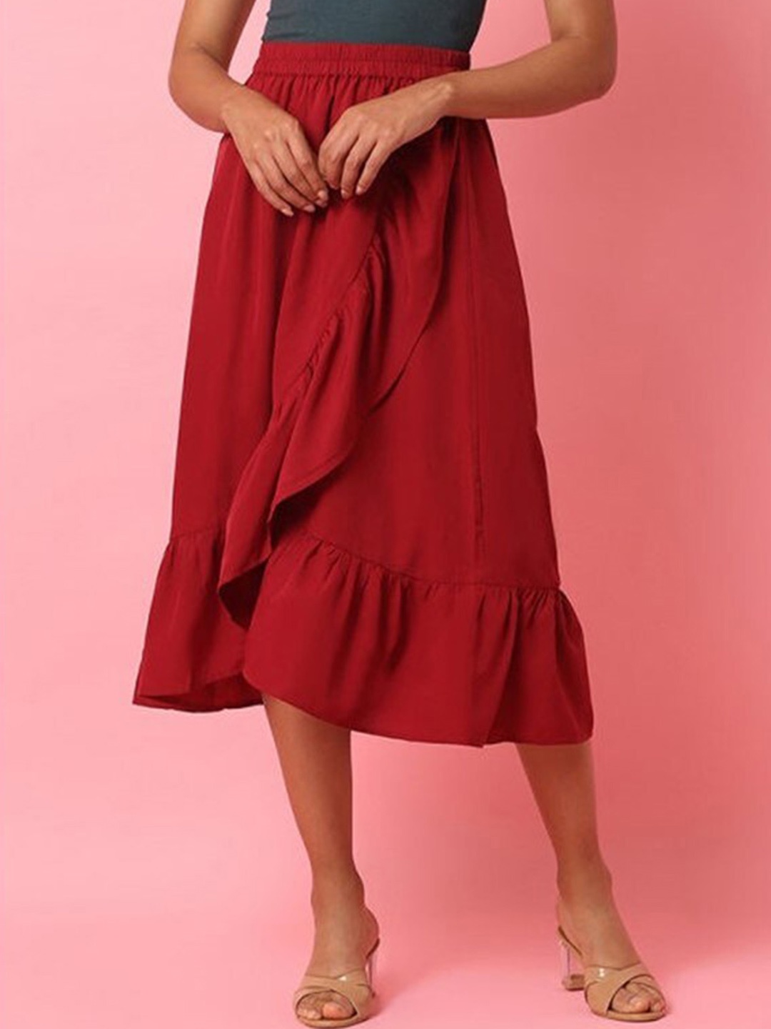 

Aila High-Rise Tiered Flared Midi Skirt, Burgundy