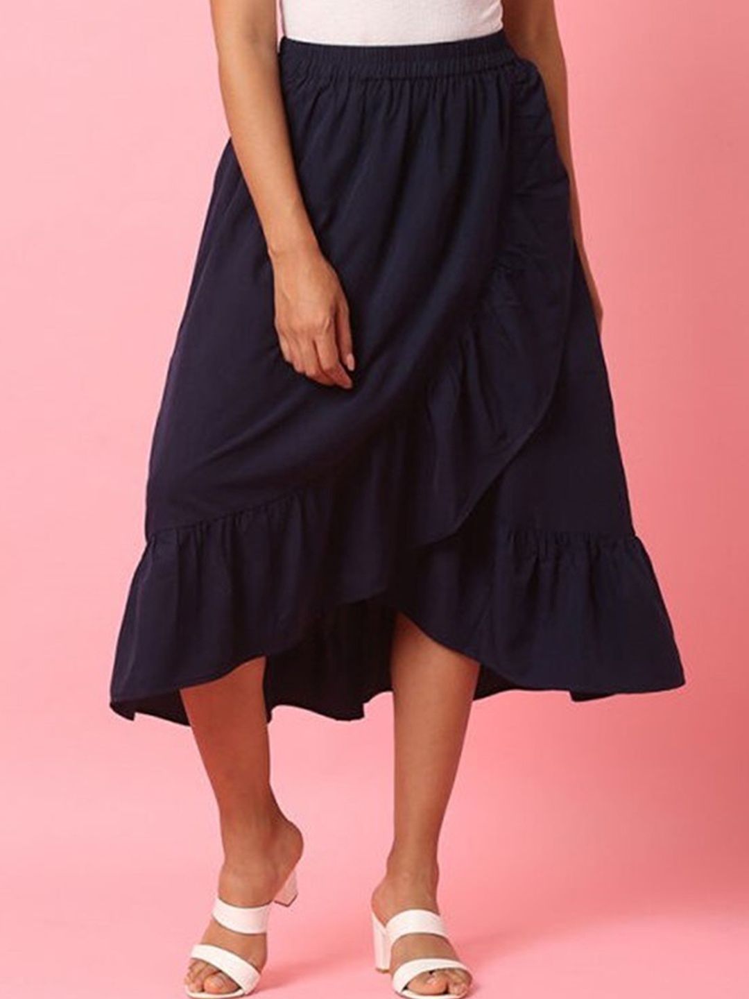 

Aila High-Rise Tiered Flared Midi Skirt, Navy blue