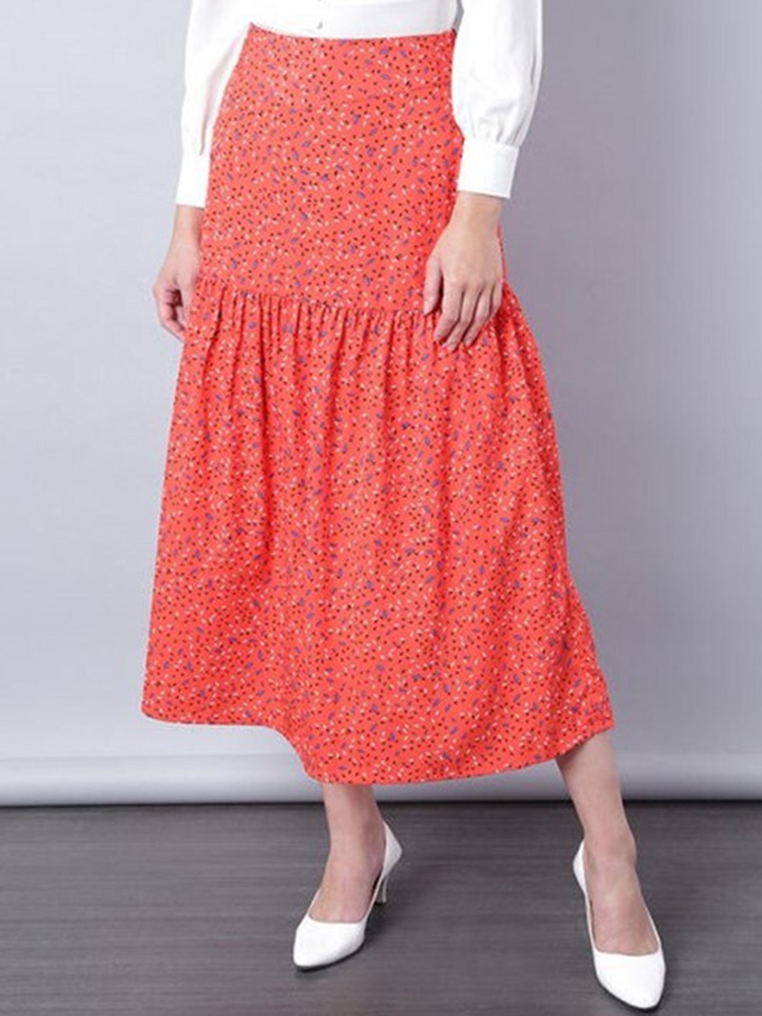 

Aila Floral Printed Mid-Rise Tiered A-Line Midi Skirt, Orange