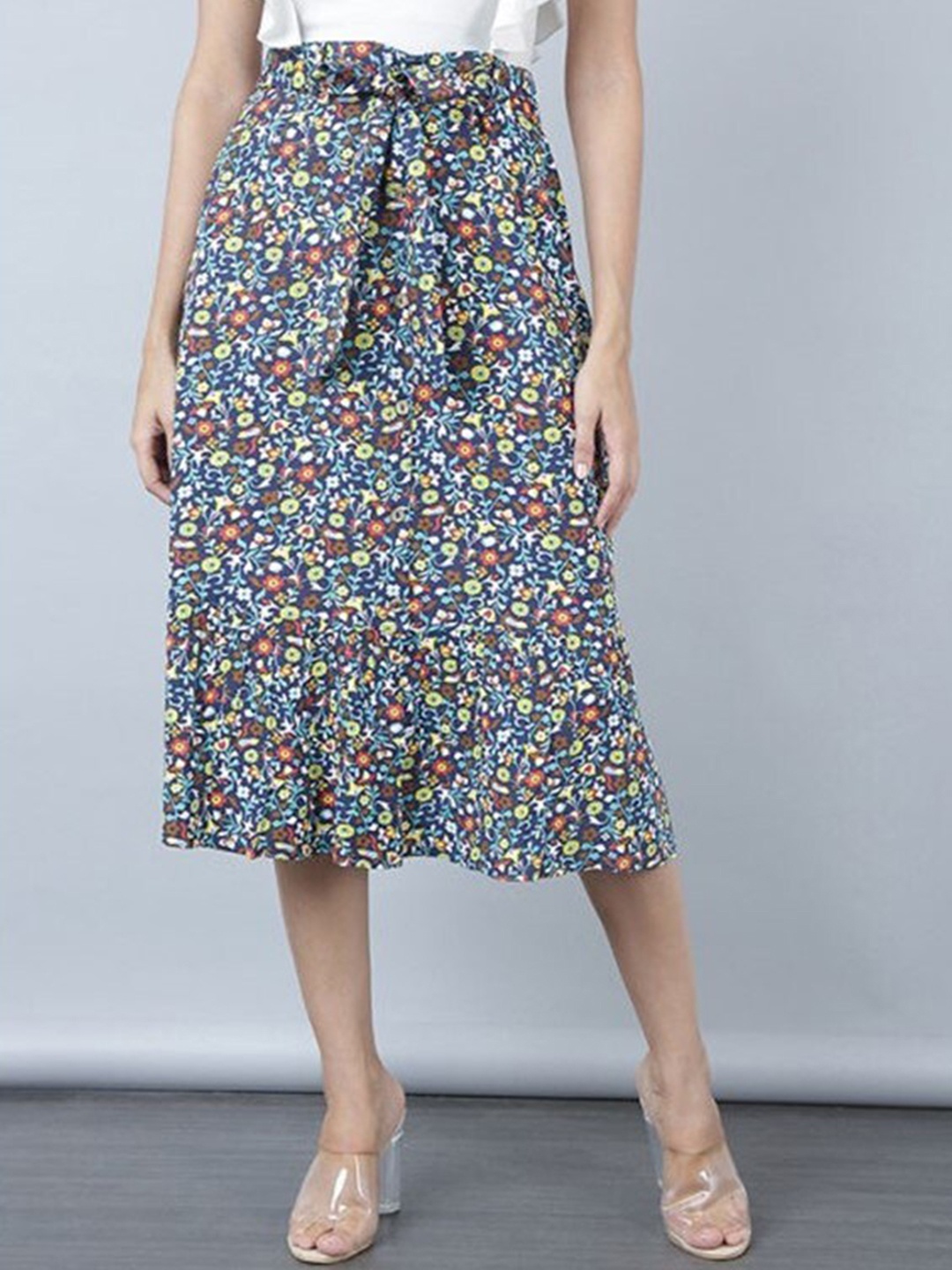 

Aila Floral Printed Mid-Rise A-Line Midi Skirt, Blue