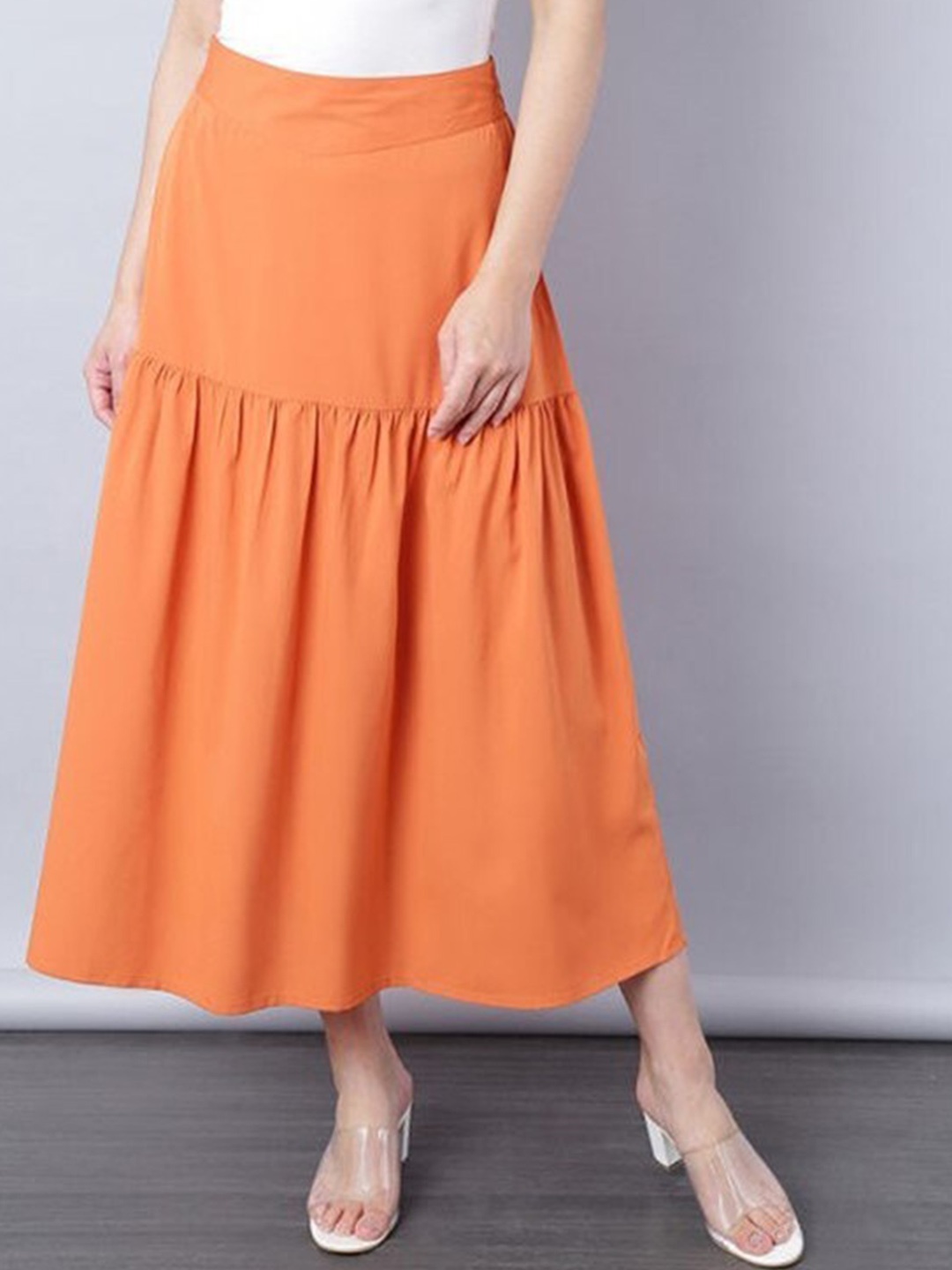 

Aila Mid-Rise Tiered Flared Midi Skirt, Rust