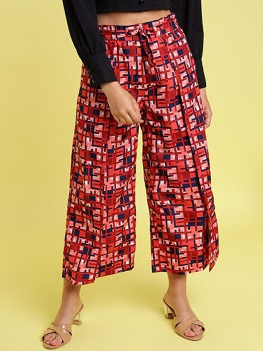 

Aila Women Printed Easy Wash Parallel Trousers, Burgundy