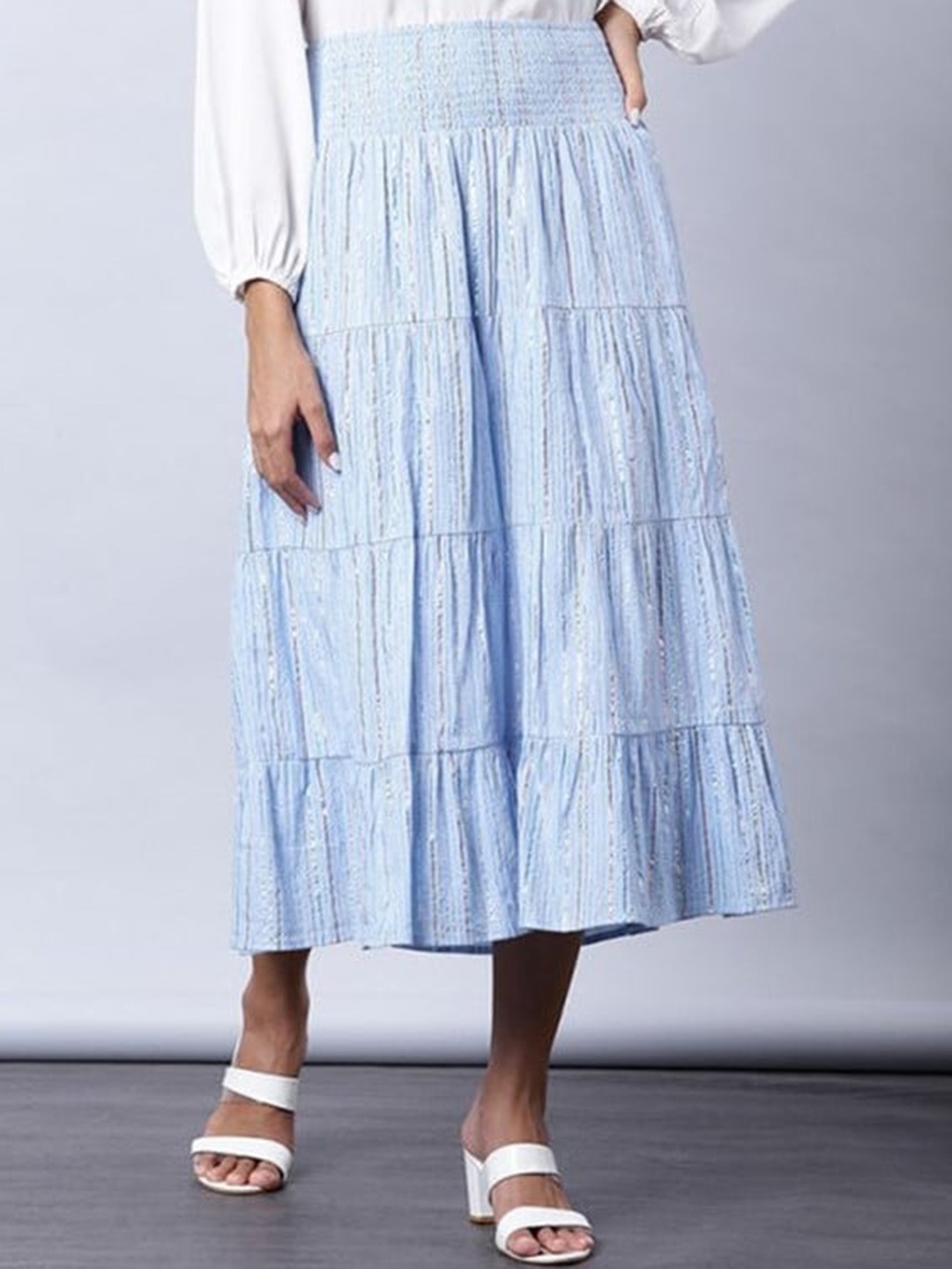 

Aila Self Design Mid-Rise Gathered Tiered Midi Skirt, Blue