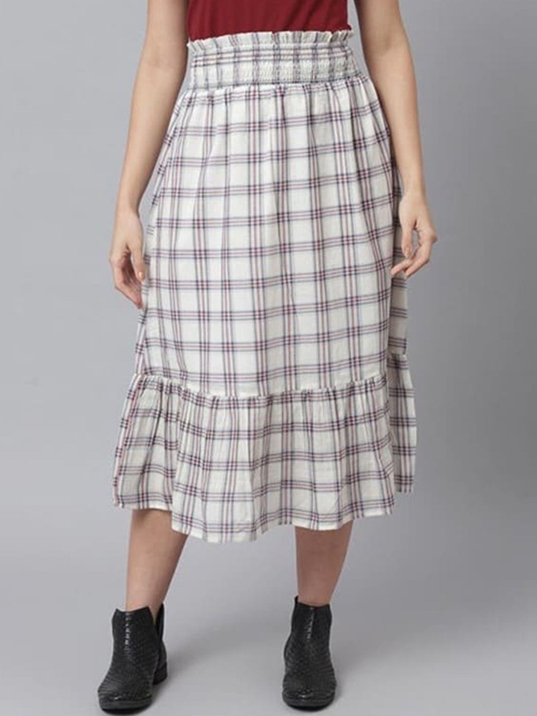 

Aila Checked Mid-Rise Flared Midi Skirt, White