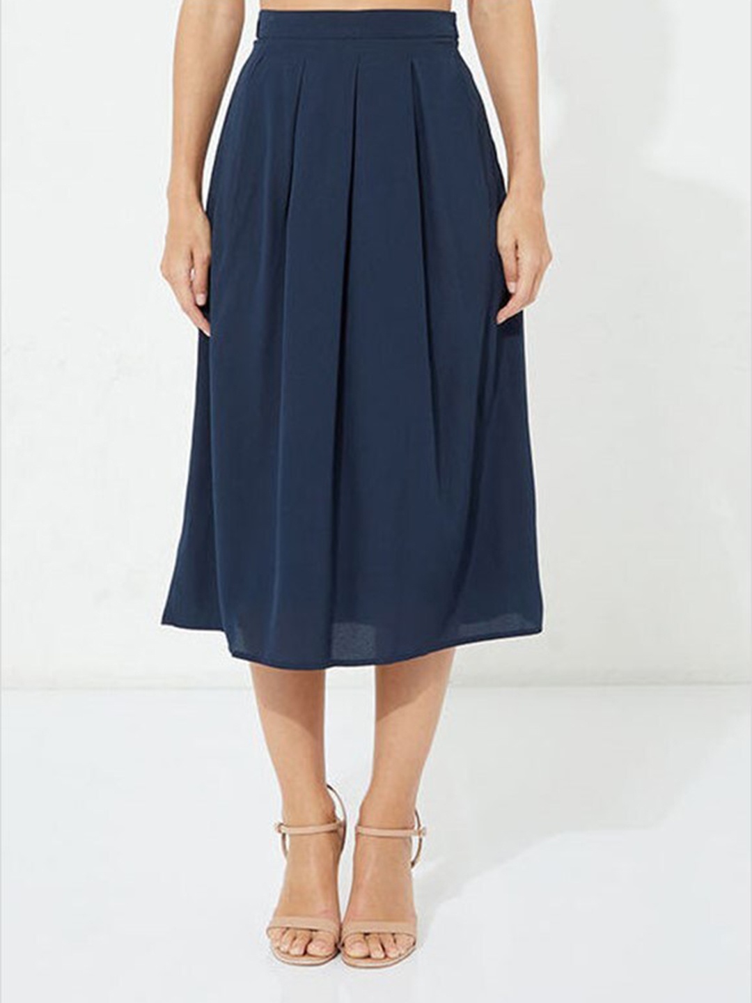 

Aila High-Rise Tie-Ups Accordion Pleats Flared Midi Skirt, Navy blue