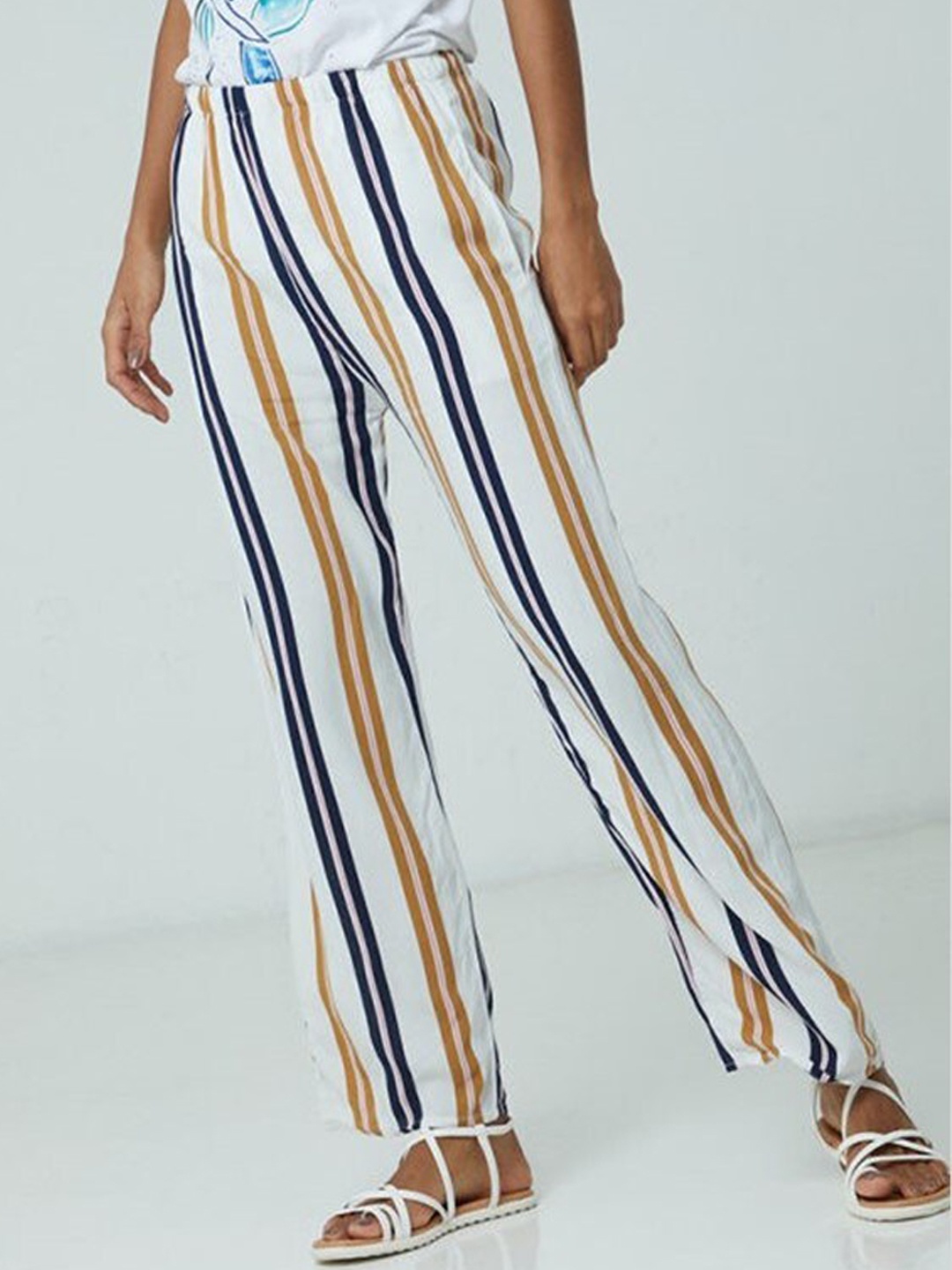 

Aila Women Striped Mid-Rise Easy Wash Regular Trousers, White