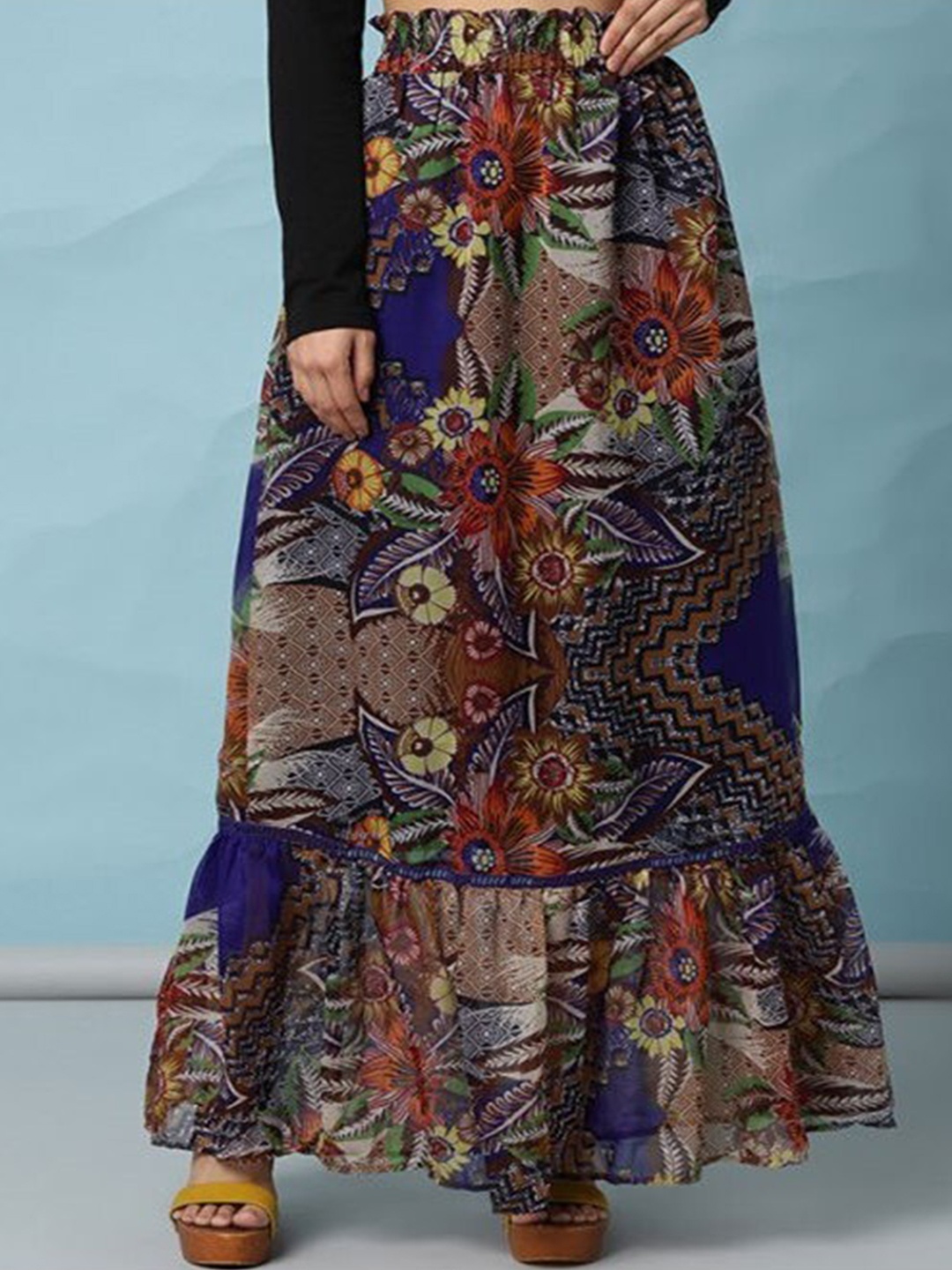 

Aila Floral Printed Gathered Detailed Flared Maxi Skirt, Blue