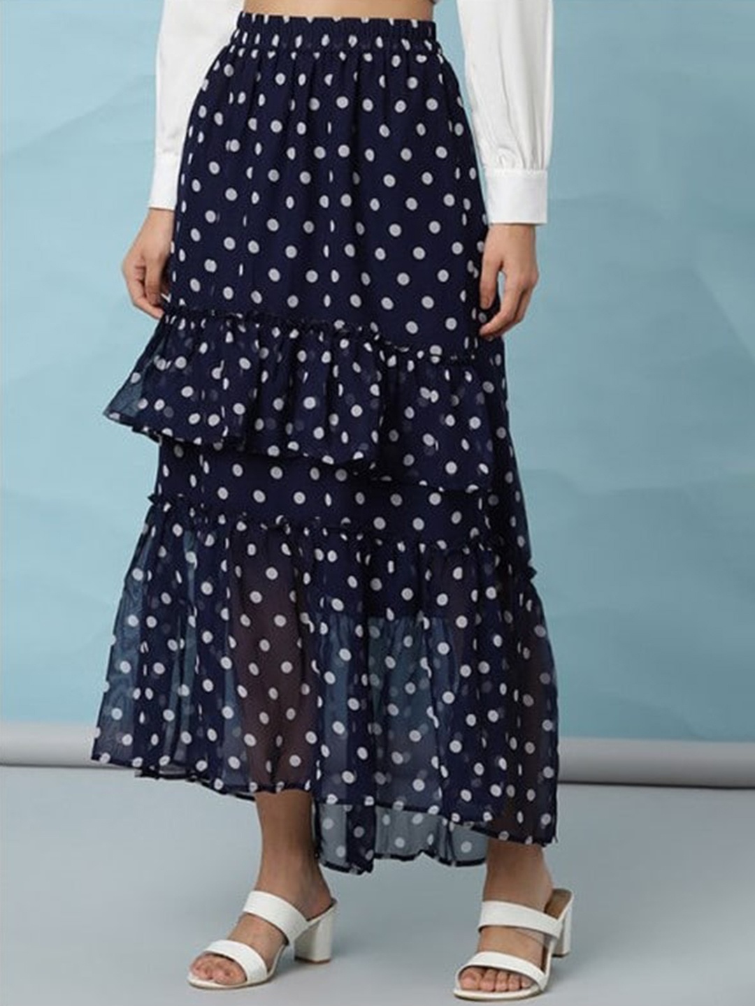 

Aila Geometric Printed Gathered Detailed Flared Maxi Skirt, Navy blue