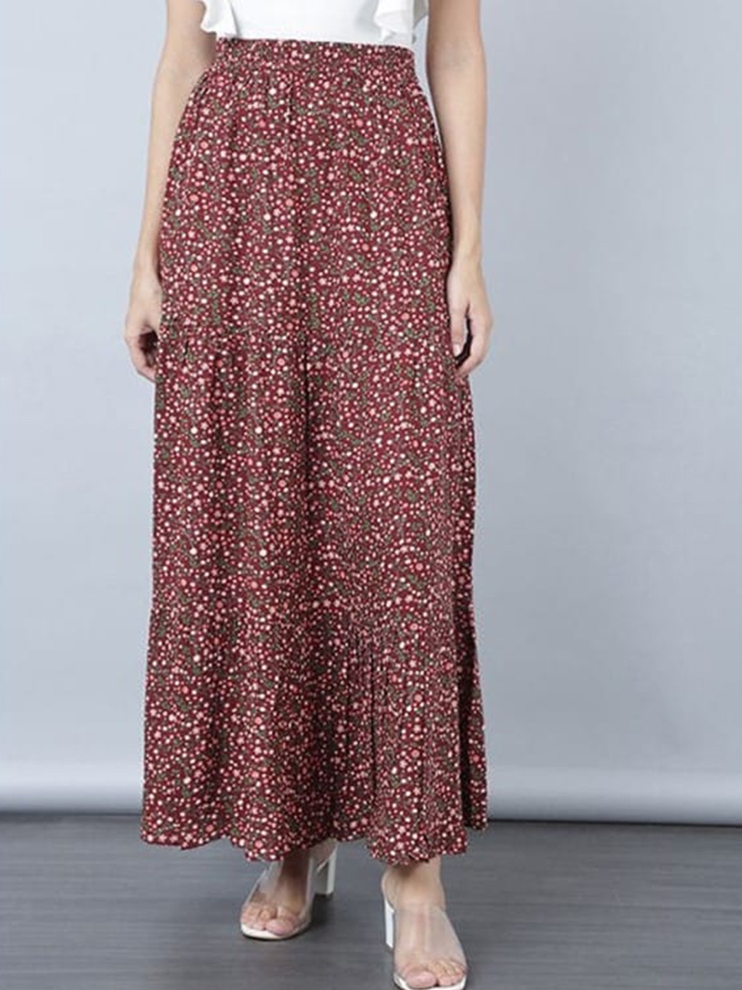 

Aila Floral Printed Gathered Detailed Flared Maxi Skirt, Maroon