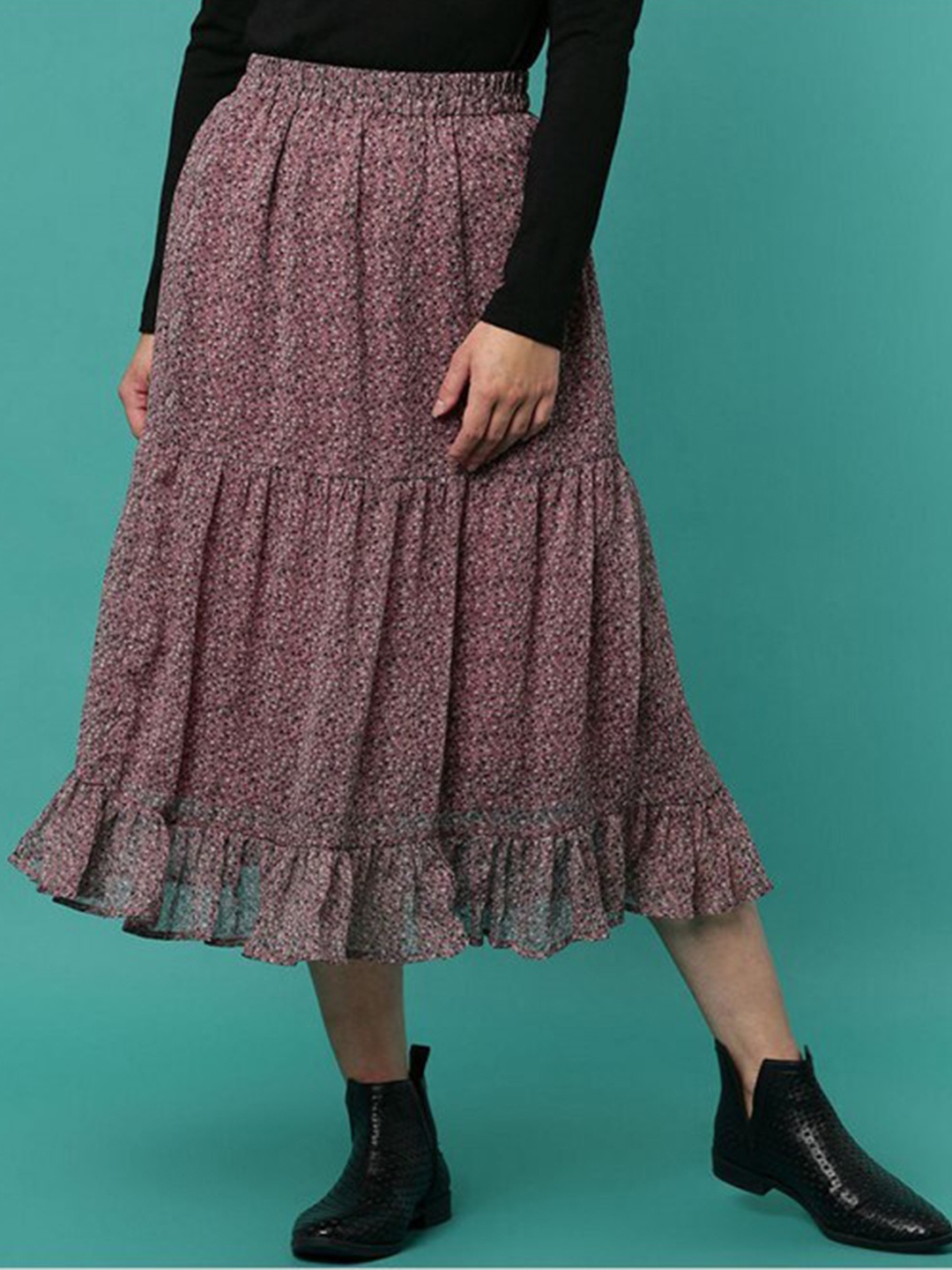 

Aila Floral Printed Gathered Detailed Tiered Midi Skirt, Pink