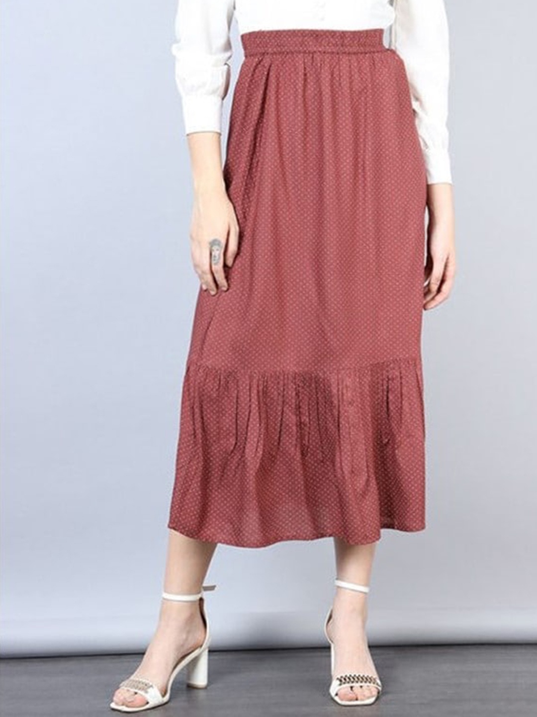 

Aila Geometric Printed Gathered Detailed Flared Midi Skirt, Brown