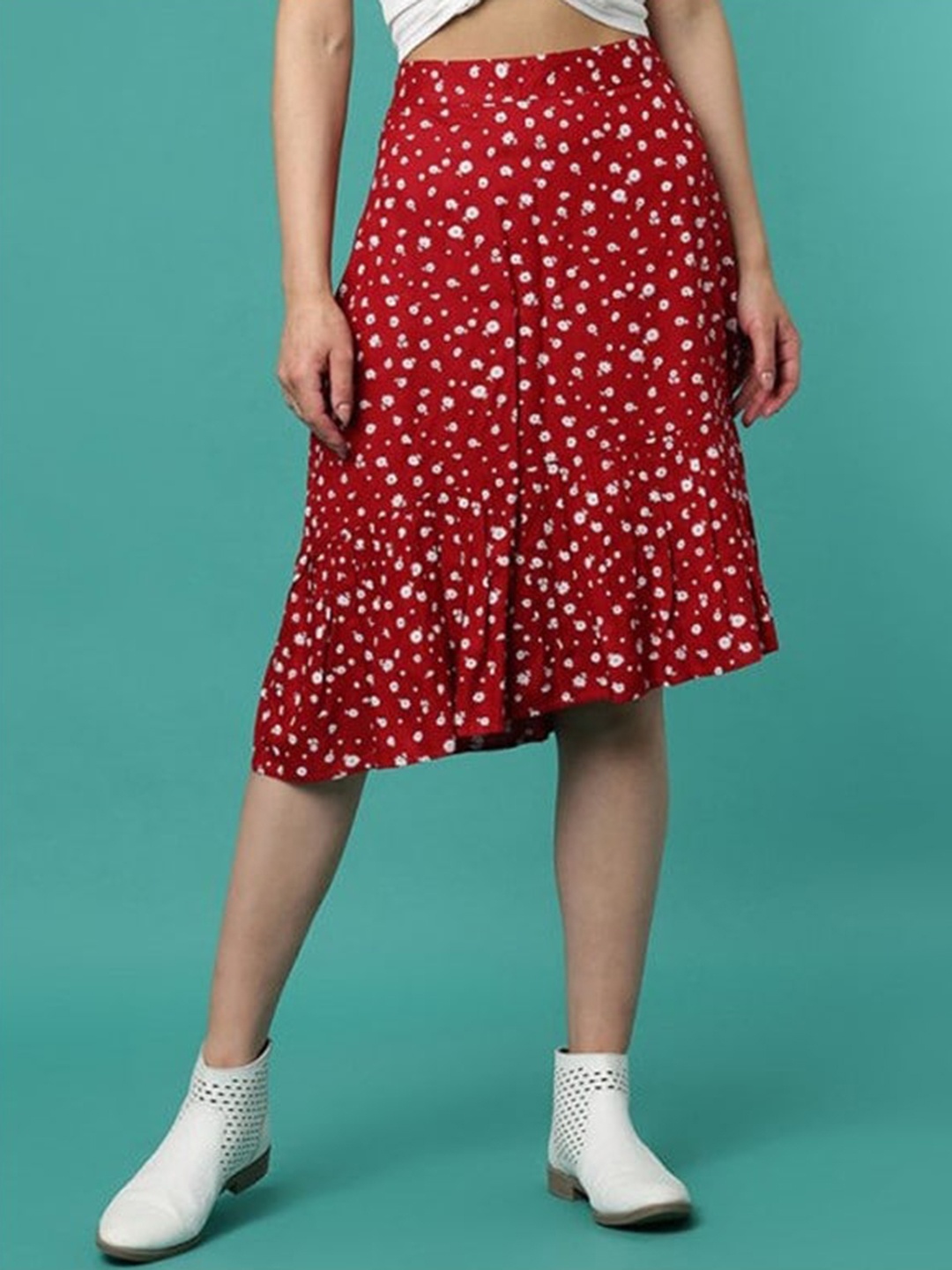 

Aila Floral Printed Flared Knee Length Skirt, Red