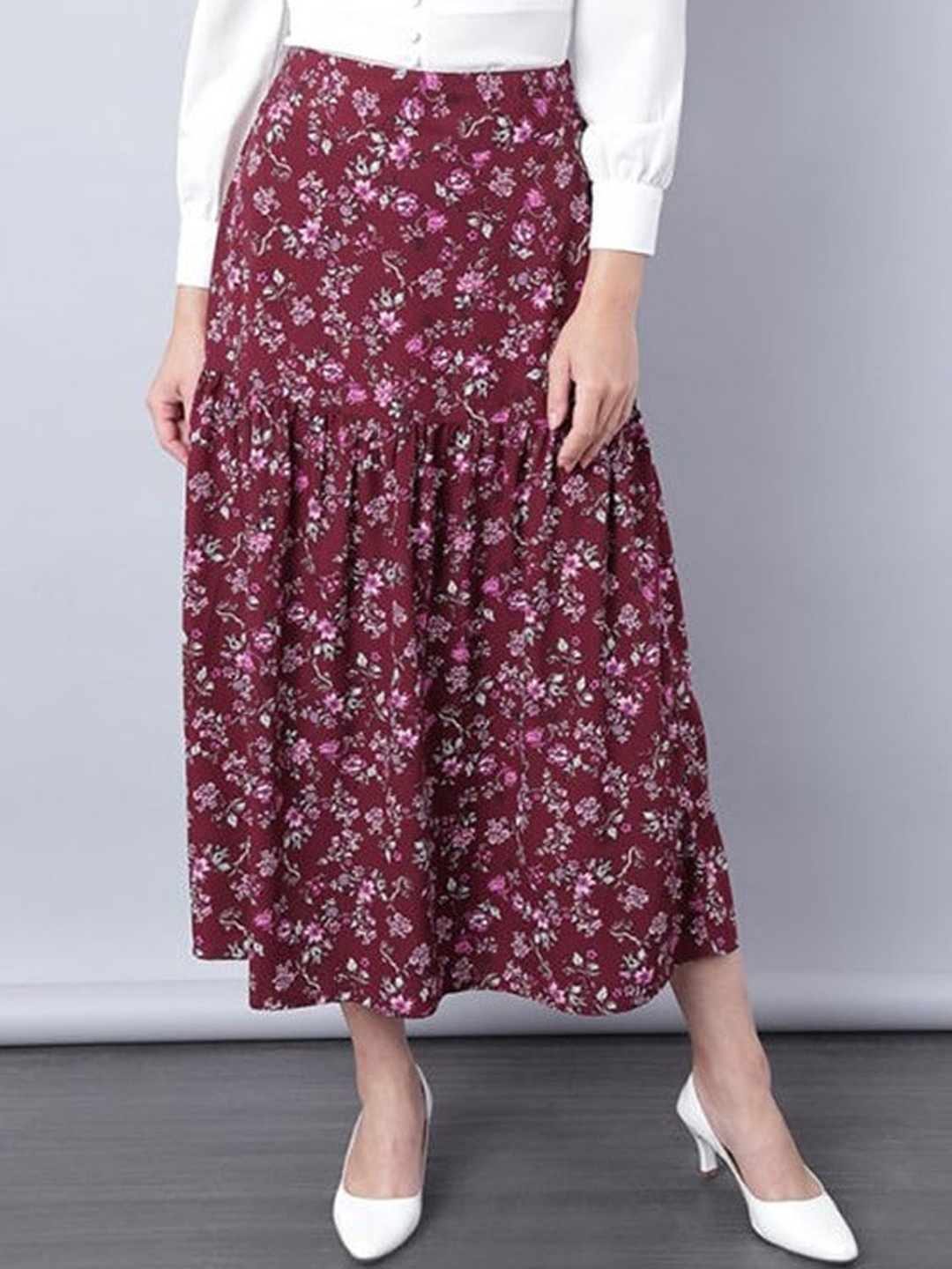

Aila Floral Printed Flared Midi Skirt, Maroon