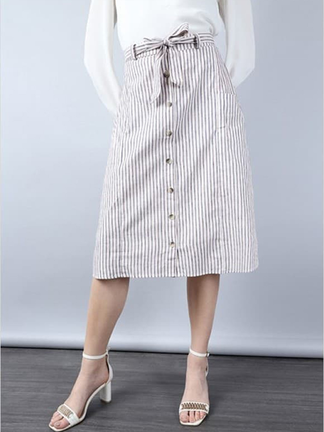 

Aila Striped A-line Midi Skirt, White