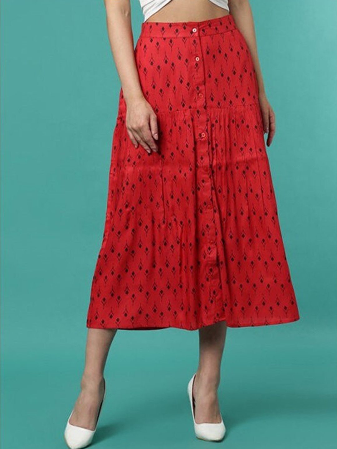 

Aila Ethnic Motifs Printed Flared Midi Skirt, Red