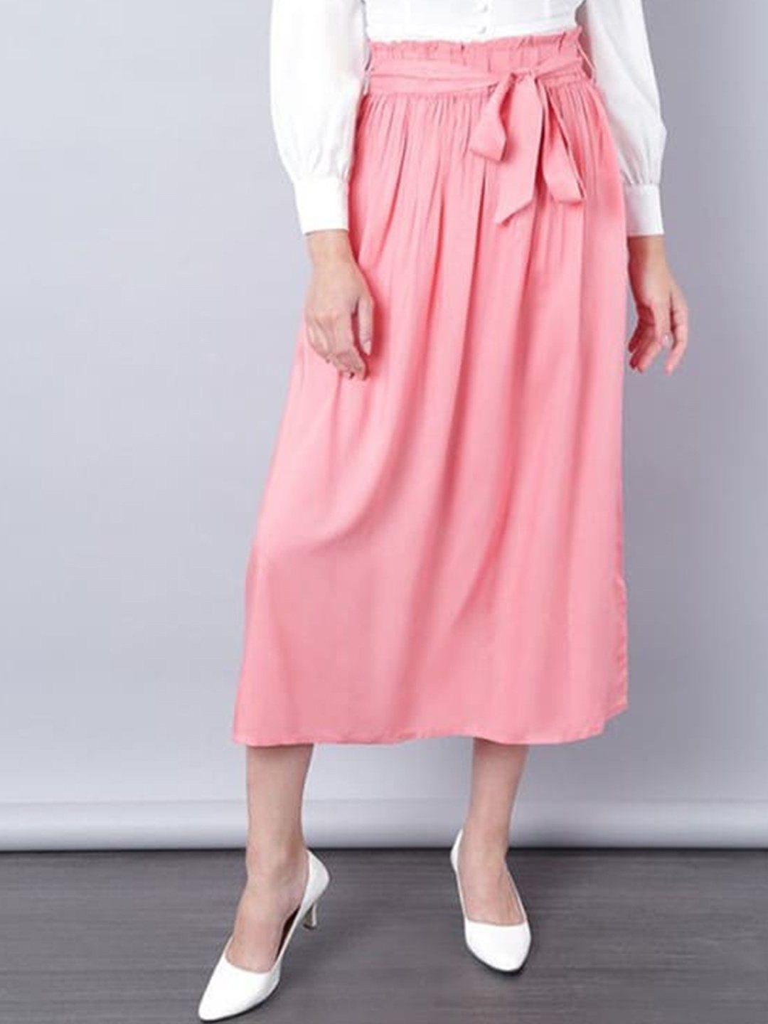 

Aila Belted Gathered Flared Midi Skirt, Pink