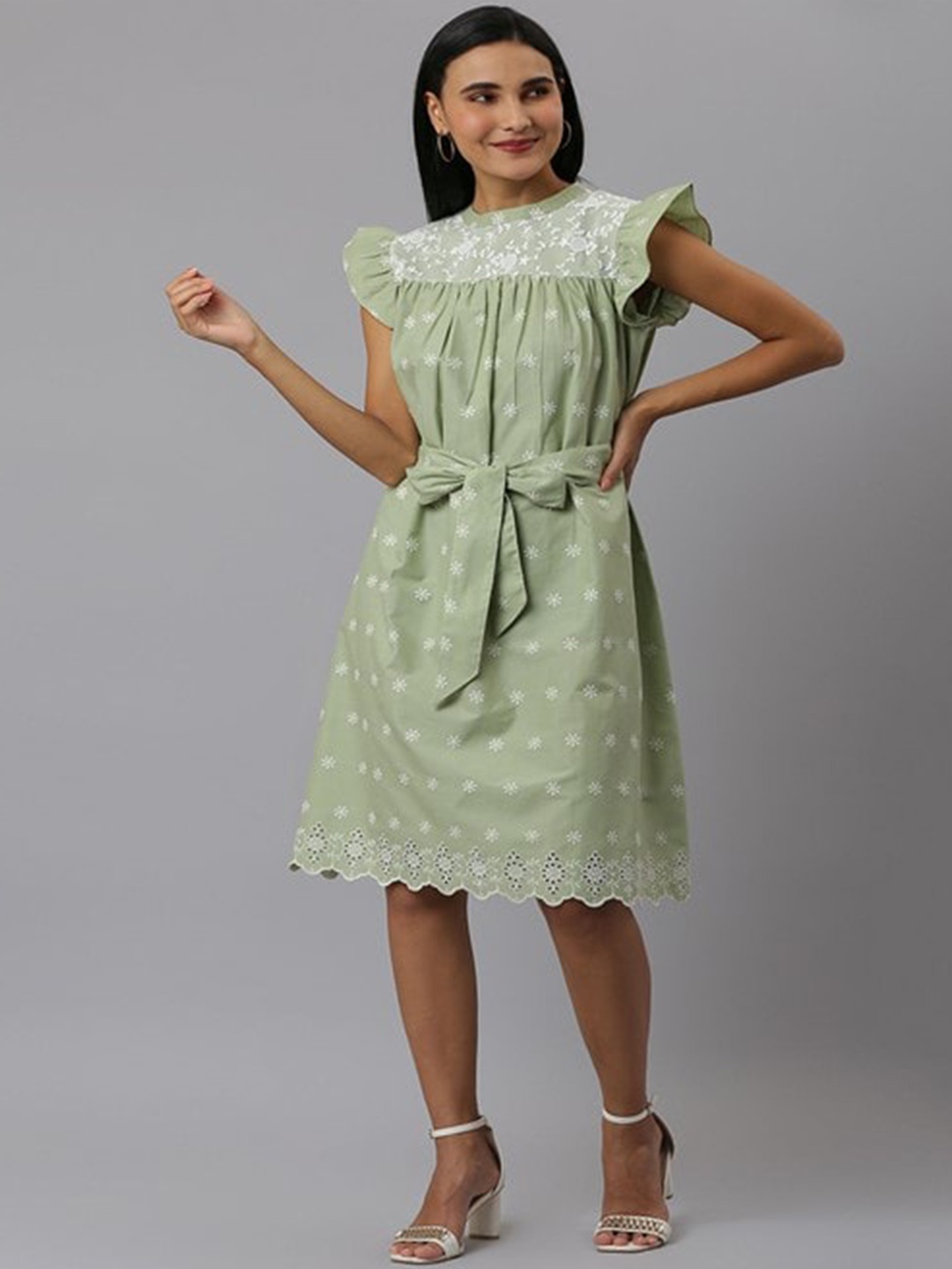 

Aila Floral Embroidered Tie-Up Detail Flutter Sleeves A-Line Midi Dress, Green