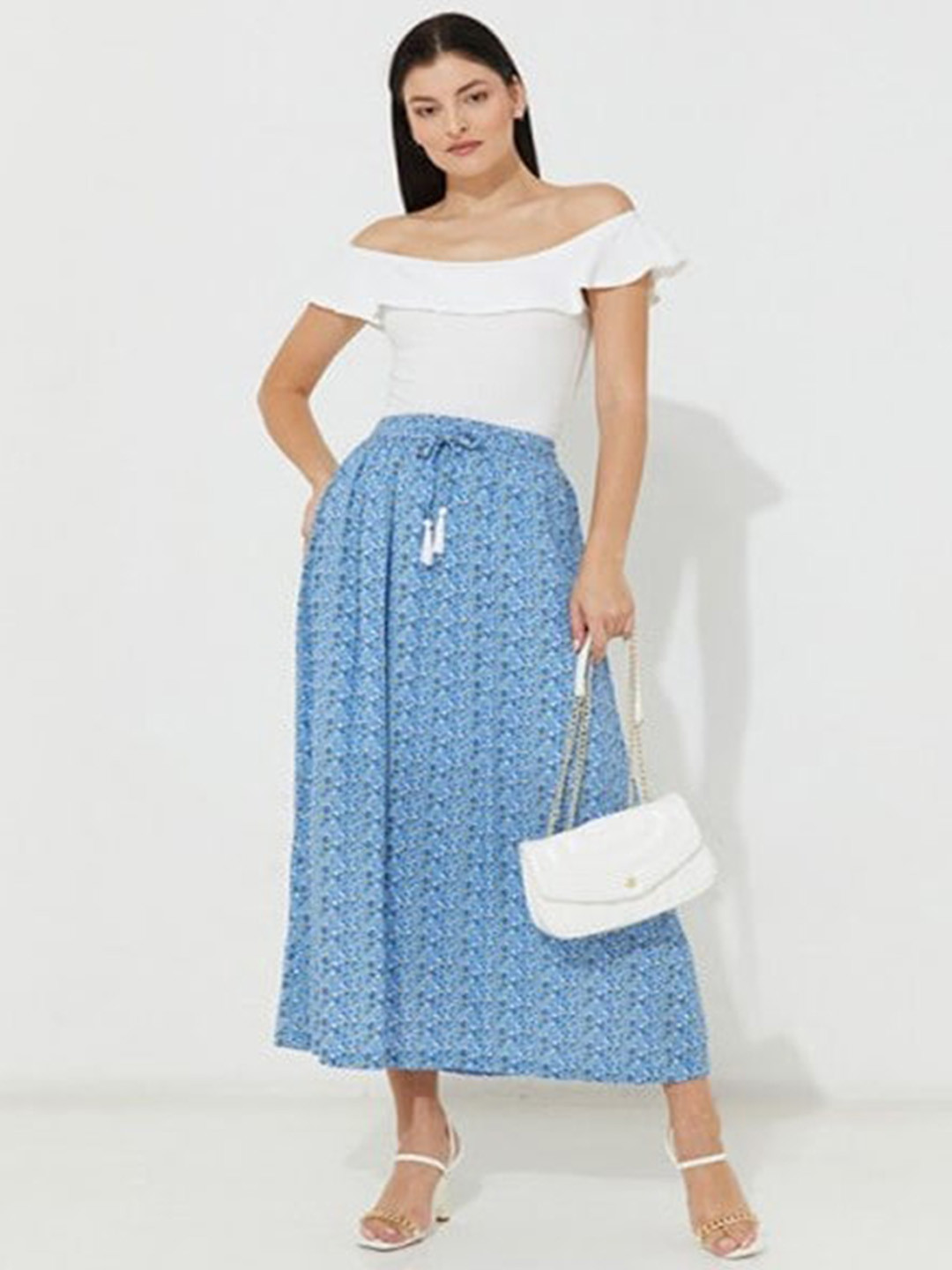 

Aila Floral Printed Flared Maxi Skirt, Blue