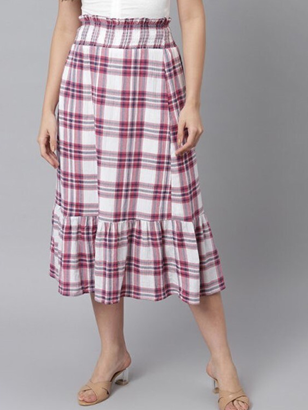 

Aila Plaid Checked A-Line Midi Skirt, White