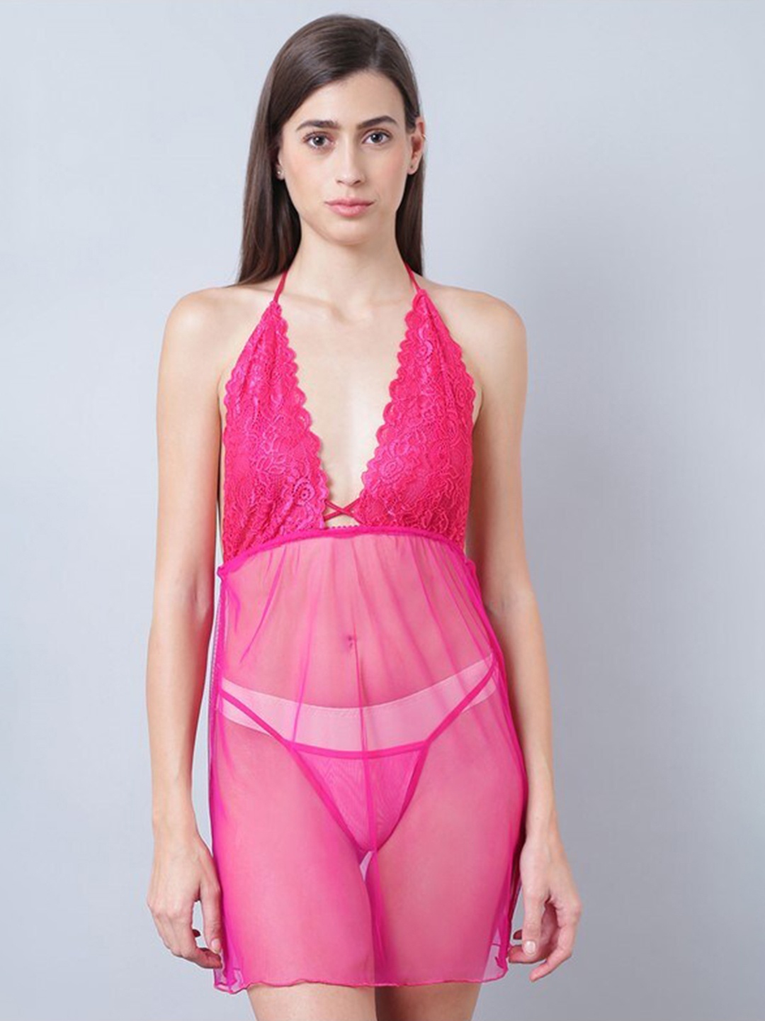 

Aila Self Design Halter Neck Semi Sheer Baby Doll, Pink