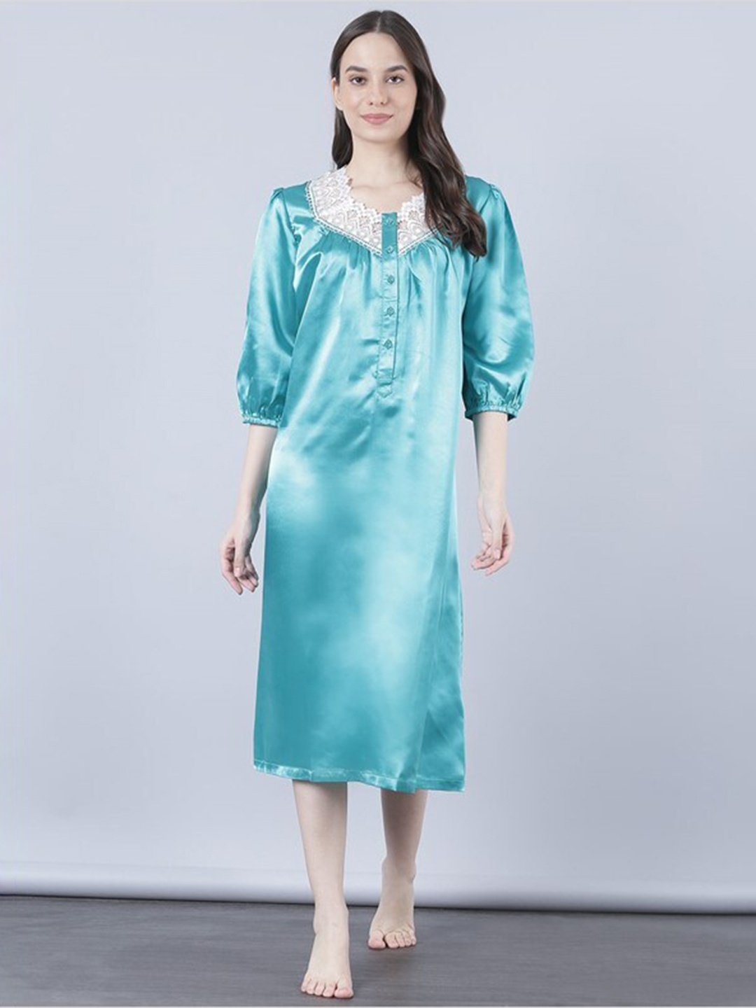 

Aila Three-Quarter Sleeves Midi Nightdress, Blue
