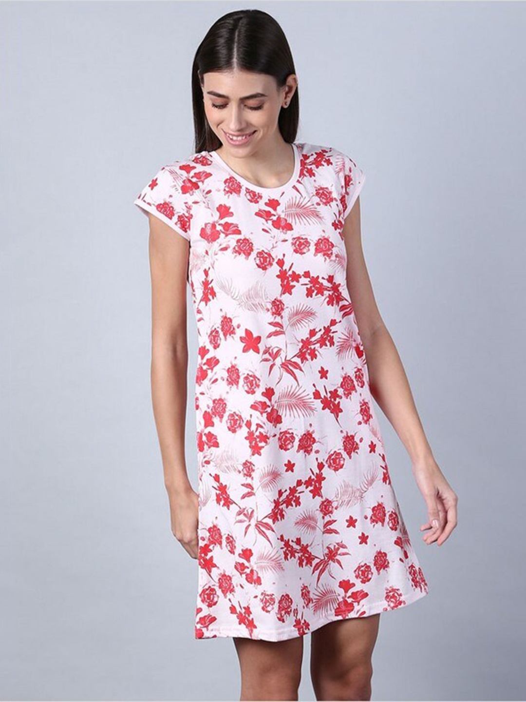 

Aila Floral Printed T-shirt Nightdress, White