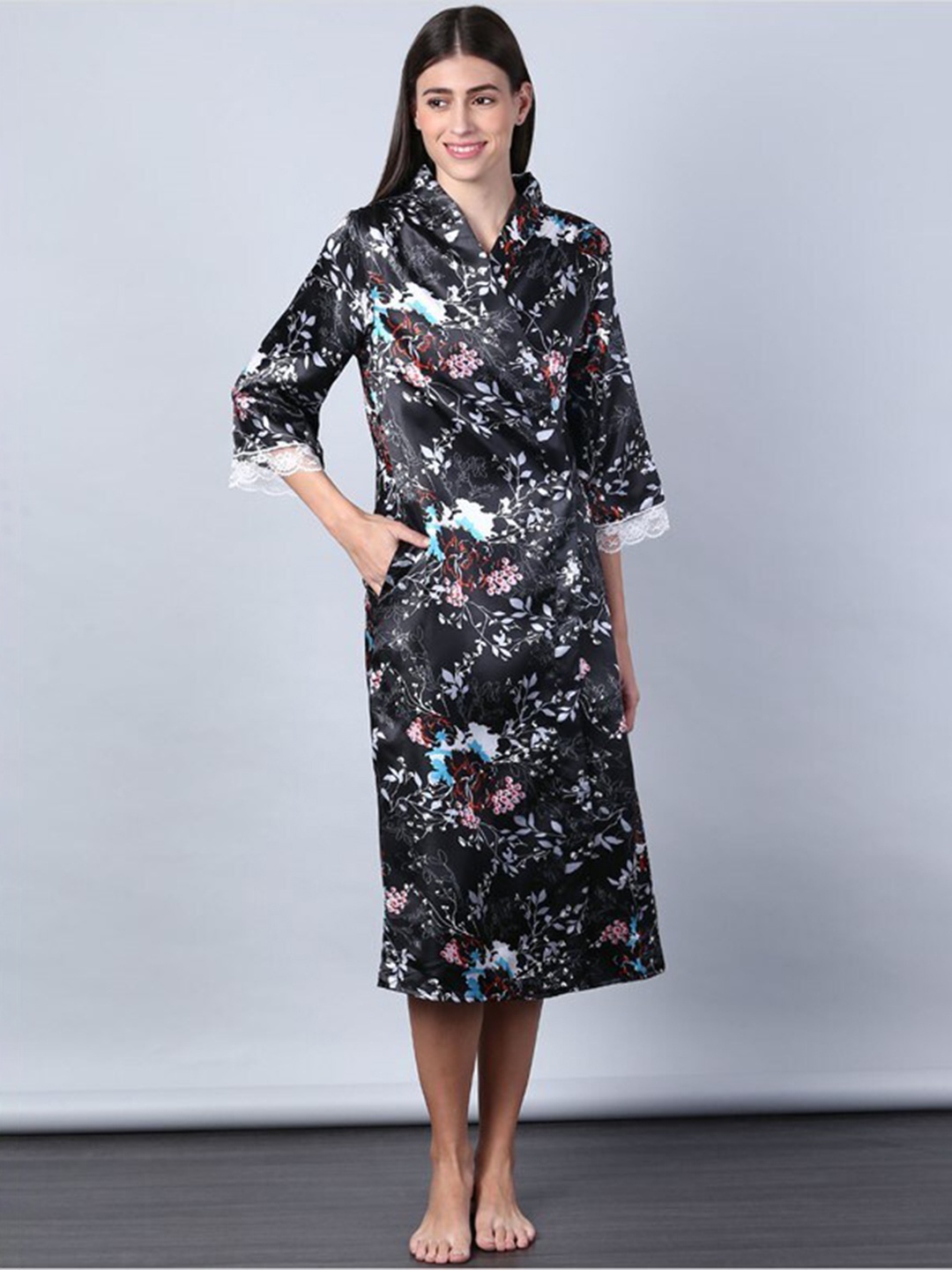 

Aila Floral Printed Midi Nightdress, Black