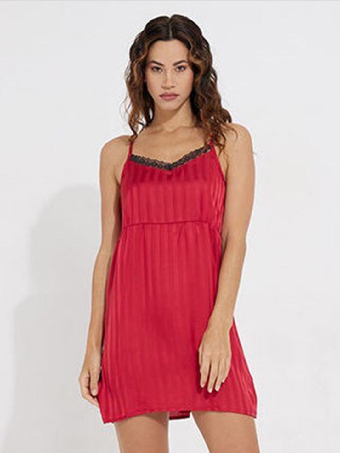 

Aila Striped Shoulder Straps Nightdress, Red