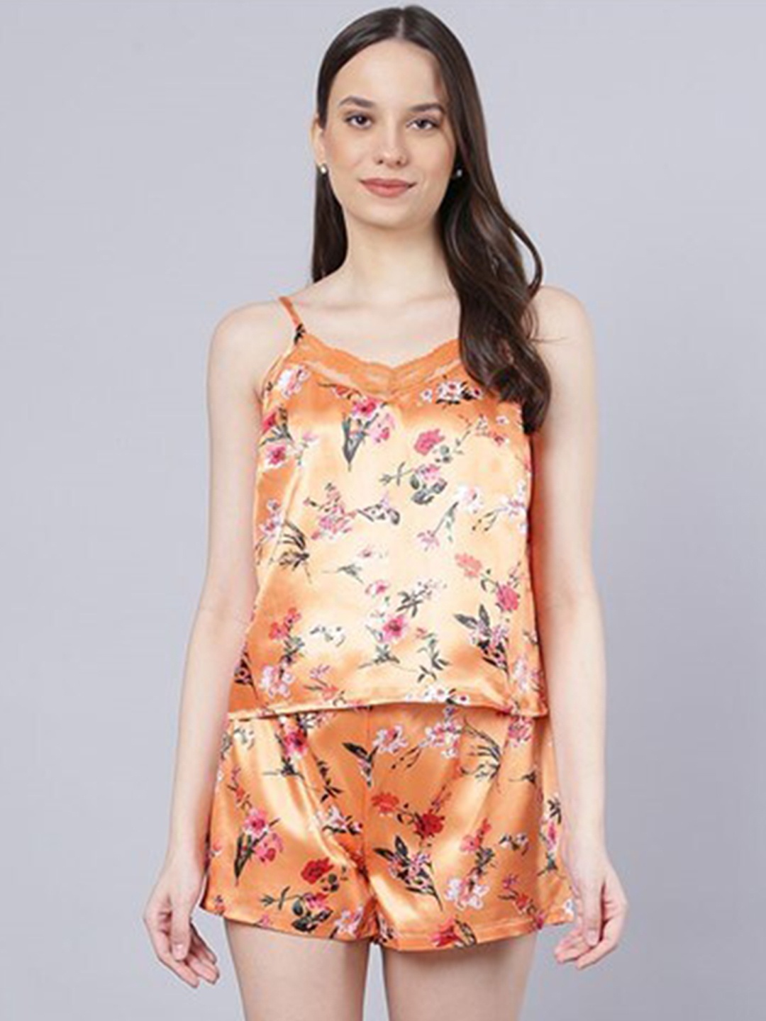

Aila Floral Printed Satin Night suit, Orange