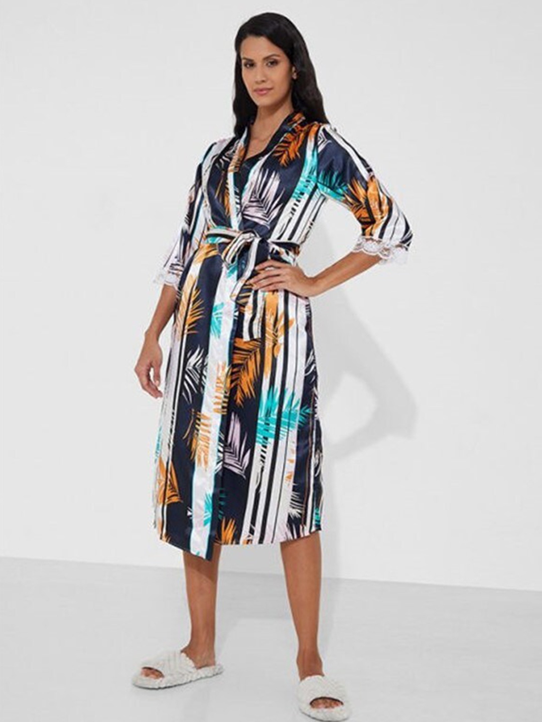 

Aila Tropical Printed Shawl Collar Wrap Nightdress, Navy blue