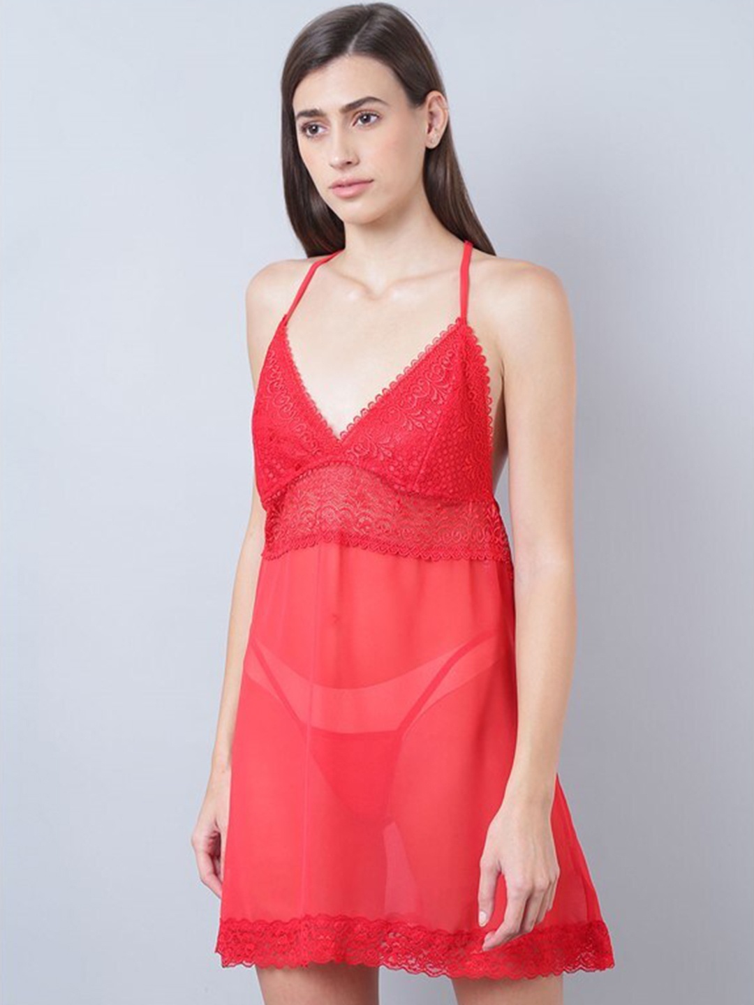 

Aila Self Design Halter Neck Baby Doll, Red