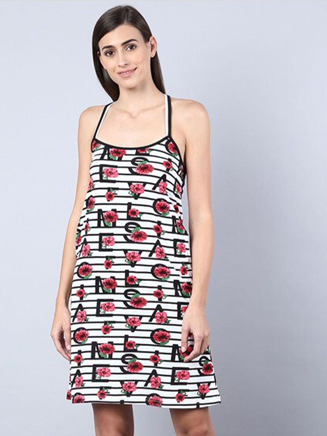 

Aila Floral Printed Shoulder Straps Nightdress, White