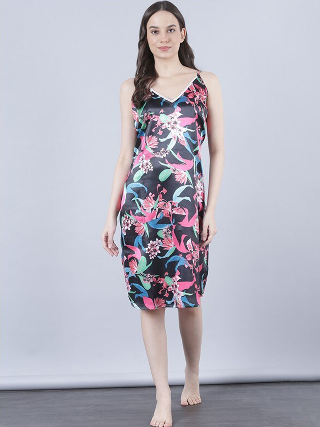 

Aila Floral Printed With Lace-Insert Nightdress, Blue