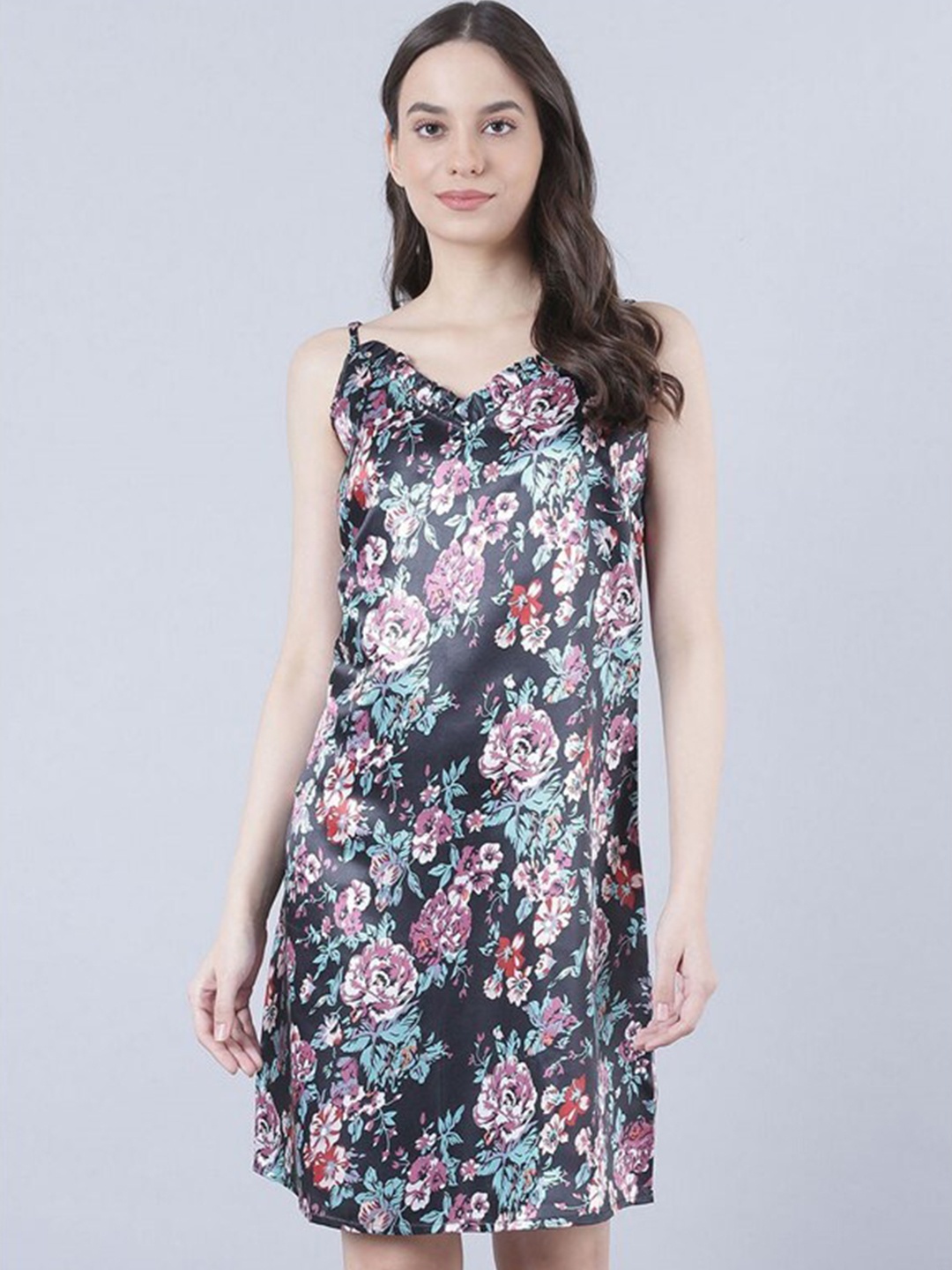 

Aila Floral Printed Shoulder Straps Nightdress, Black
