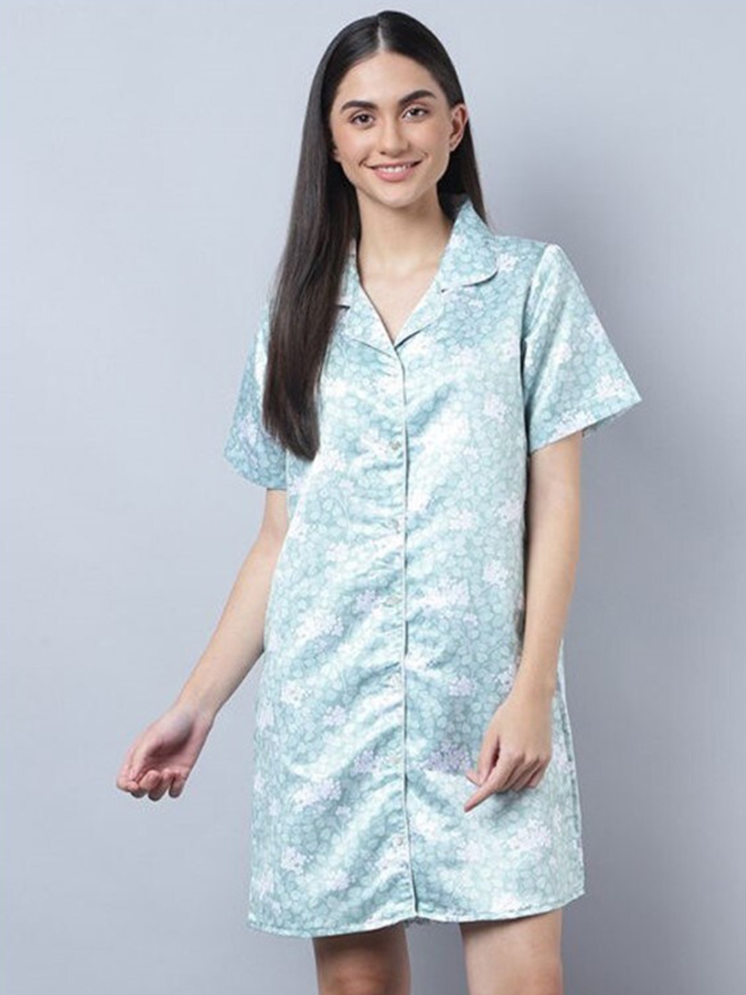 

Aila Floral Printed Lapel Collar Long Sleeves Shirt Nightdress, Blue