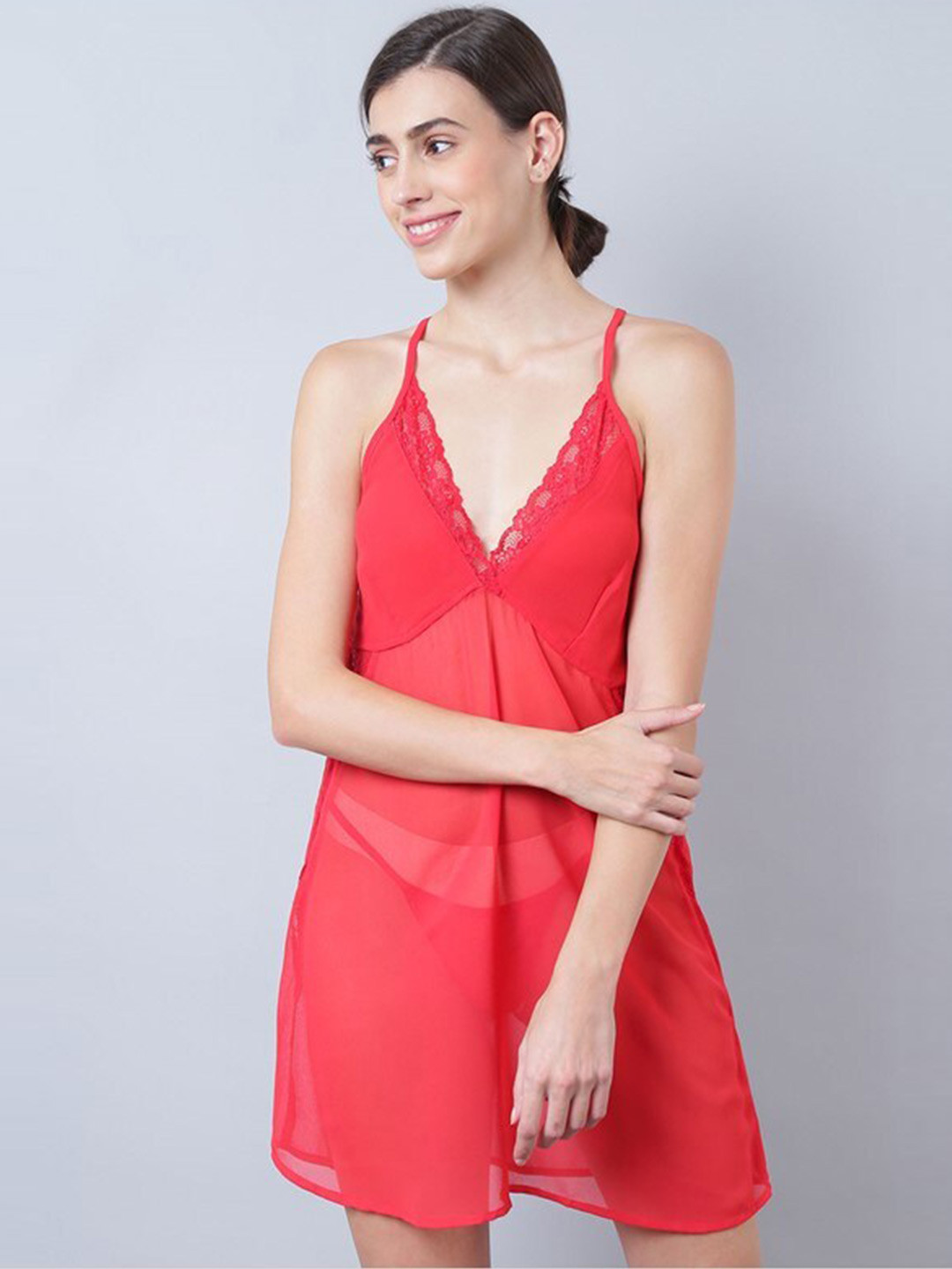 

Aila Shoulder Strap Above Knee Nightdress, Red