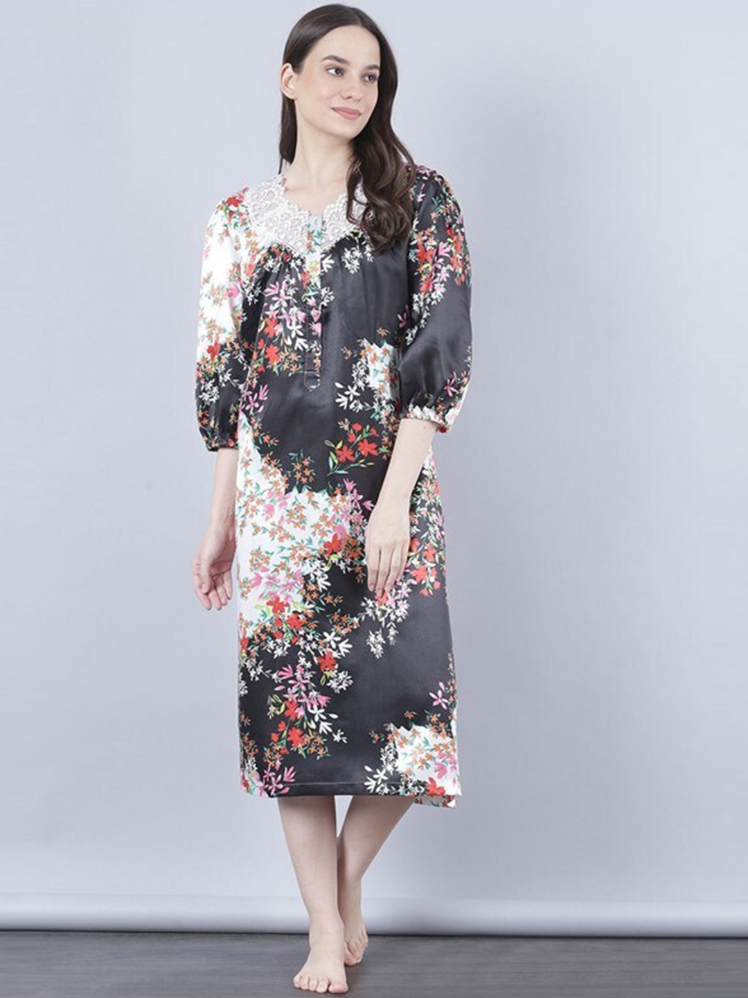 

Aila Floral Printed Lace Insert Midi Nightdress, Black