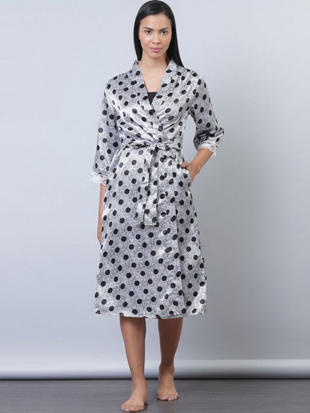 

Aila Polka Dots Printed Midi Wrap Nightdress, Grey