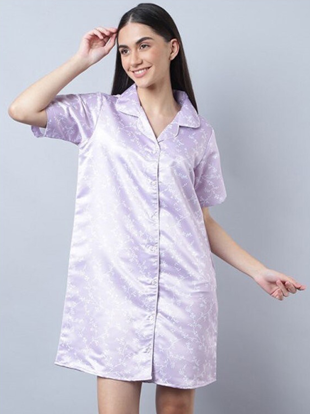

Aila Floral Printed Lapel Collar Shirt Dress, Purple