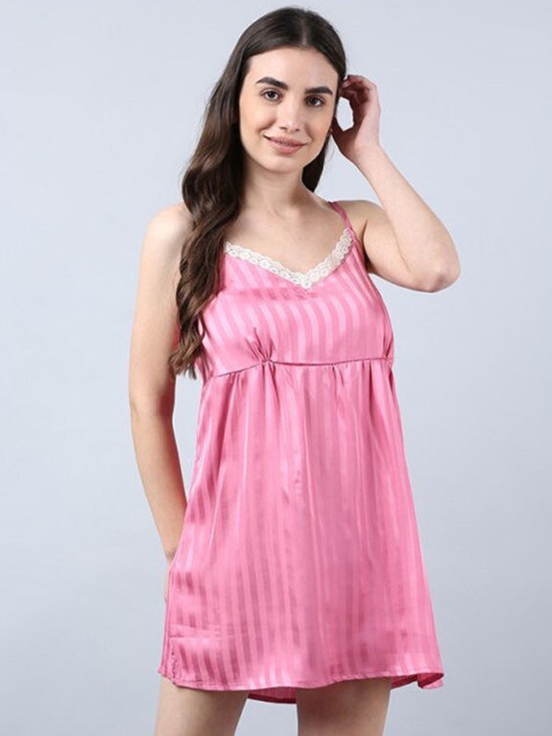 

Aila Striped Shoulder Strap With Lace-Insert Nightdress, Pink