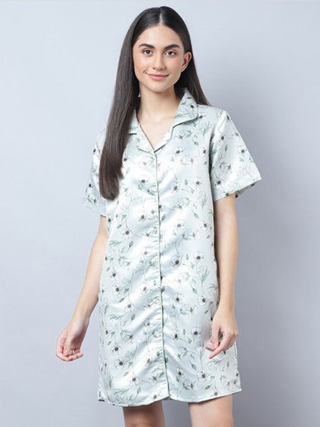

Aila Floral Printed Lapel Collar Nightdress, Green