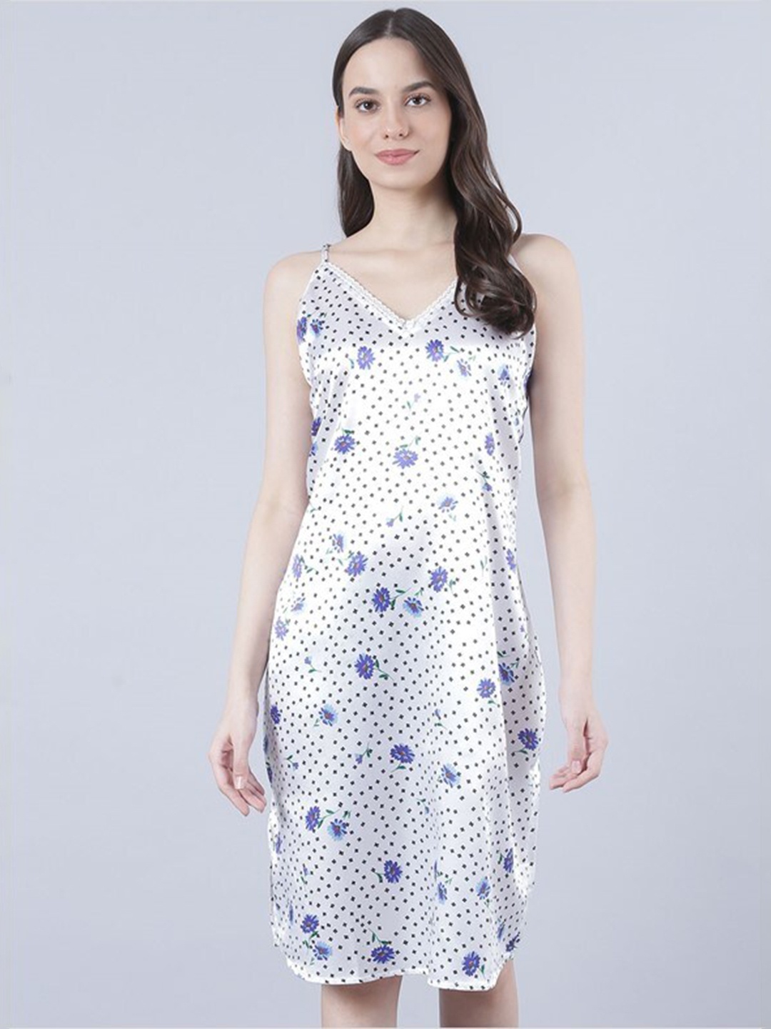 

Aila Floral Printed Shoulder Strap Above Knee Nightdress, White