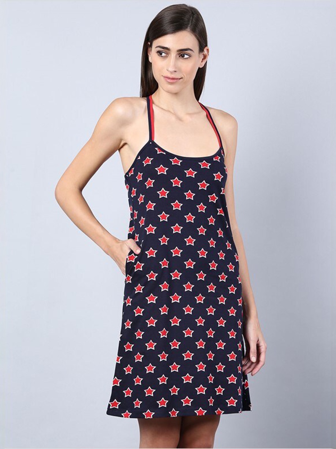 

Aila Geometric Printed Shoulder Straps Nightdress, Navy blue