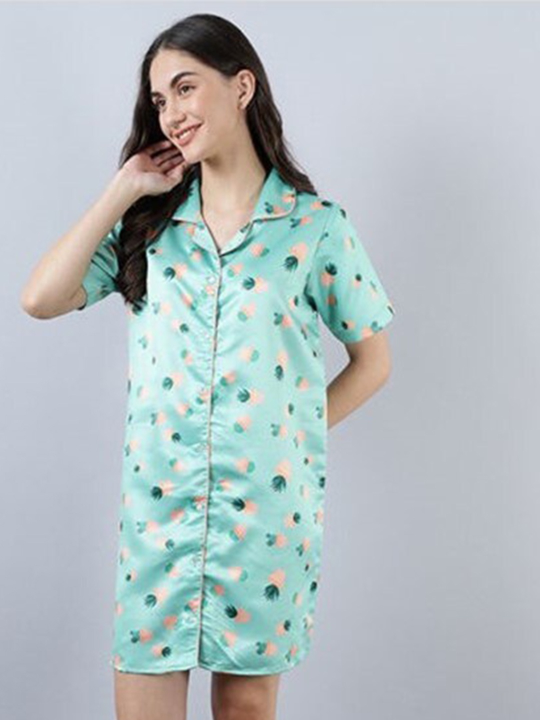 

Aila Conversational Printed Shirt Style Nightdress, Sea green