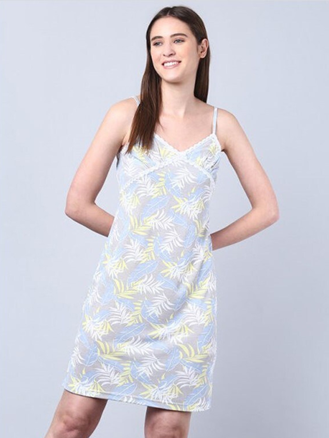 

Aila Floral Printed Shoulder Straps Everyday Nightdress, Grey