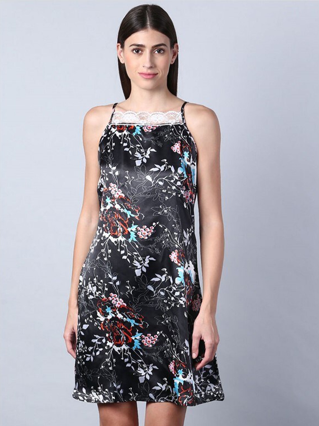 

Aila Floral Printed Shoulder Straps Nightdress, Black