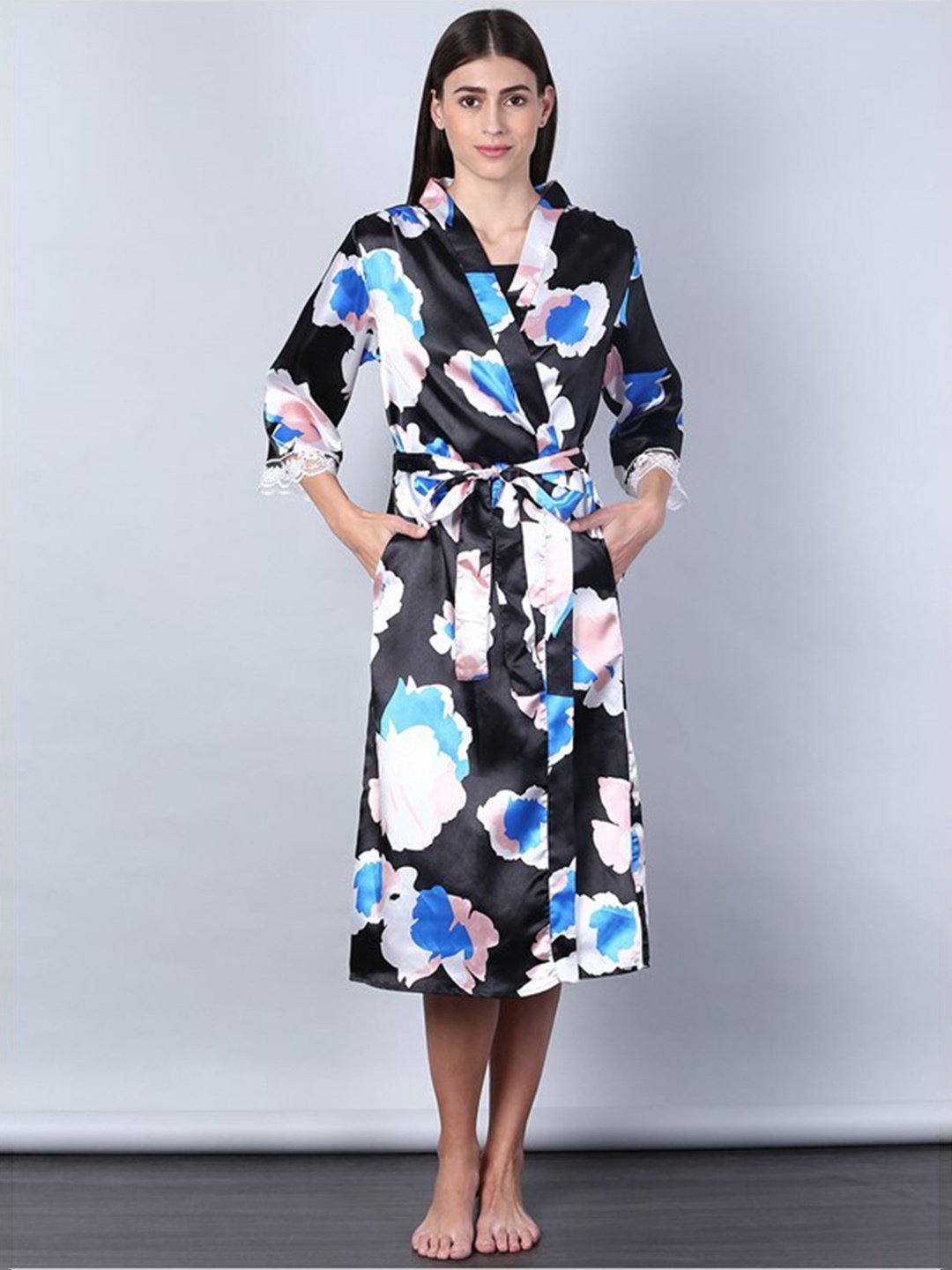 

Aila Floral Printed Wrap Nightdress, Black