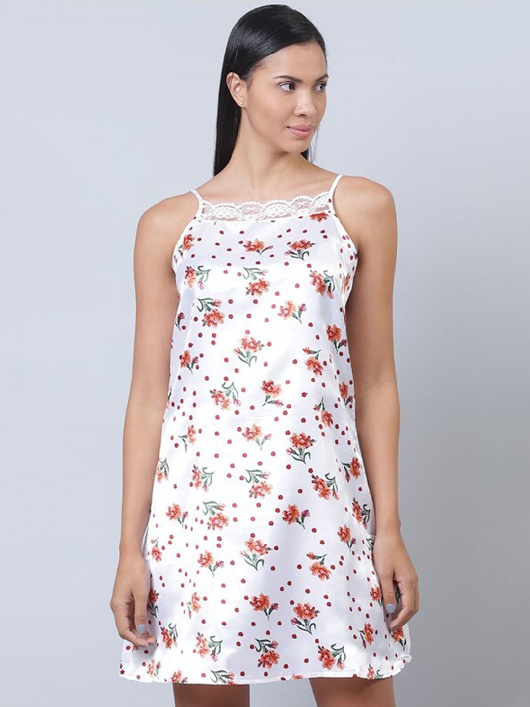 

Aila Floral Printed Shoulder Straps Nightdress, White